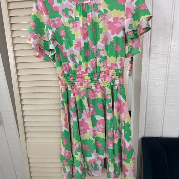 Pink and Green Flutter Sleeve Sundress for Wedding Guests - Picture 1 of 11